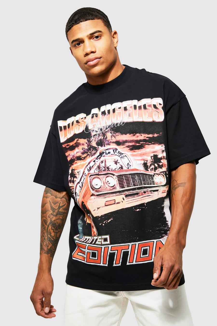 Black LA Oversize t-shirt med bil och strass image number 1
