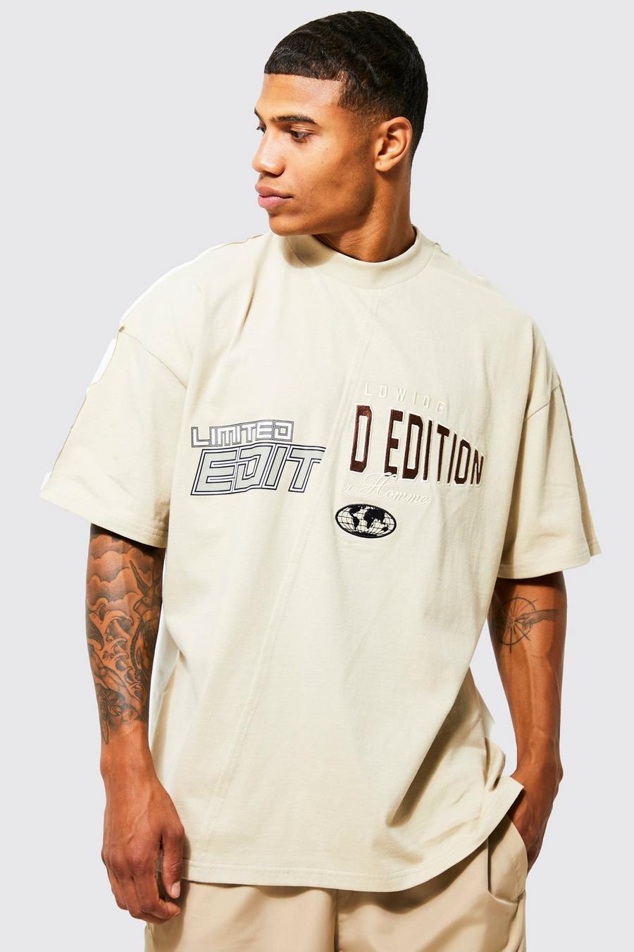 Ecru Oversized Spliced Slogan Step Hem T-shirt image number 1