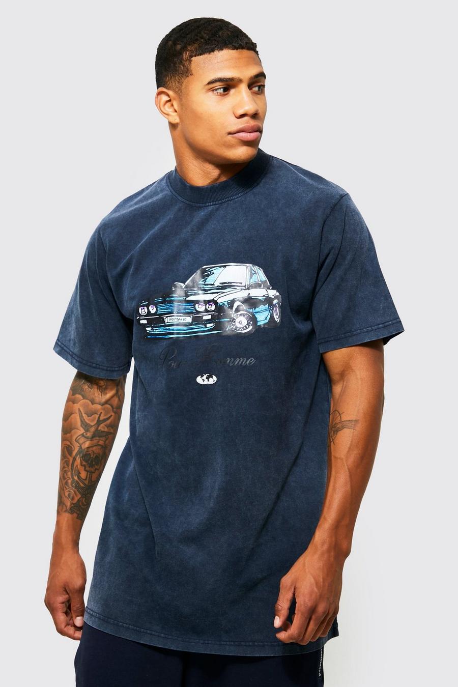 Navy Longline Washed Car Graphic T-shirt image number 1