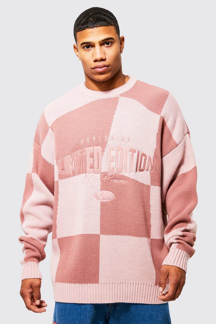 Maglione oversize in maglia a scacchi, Dusty pink image number 1