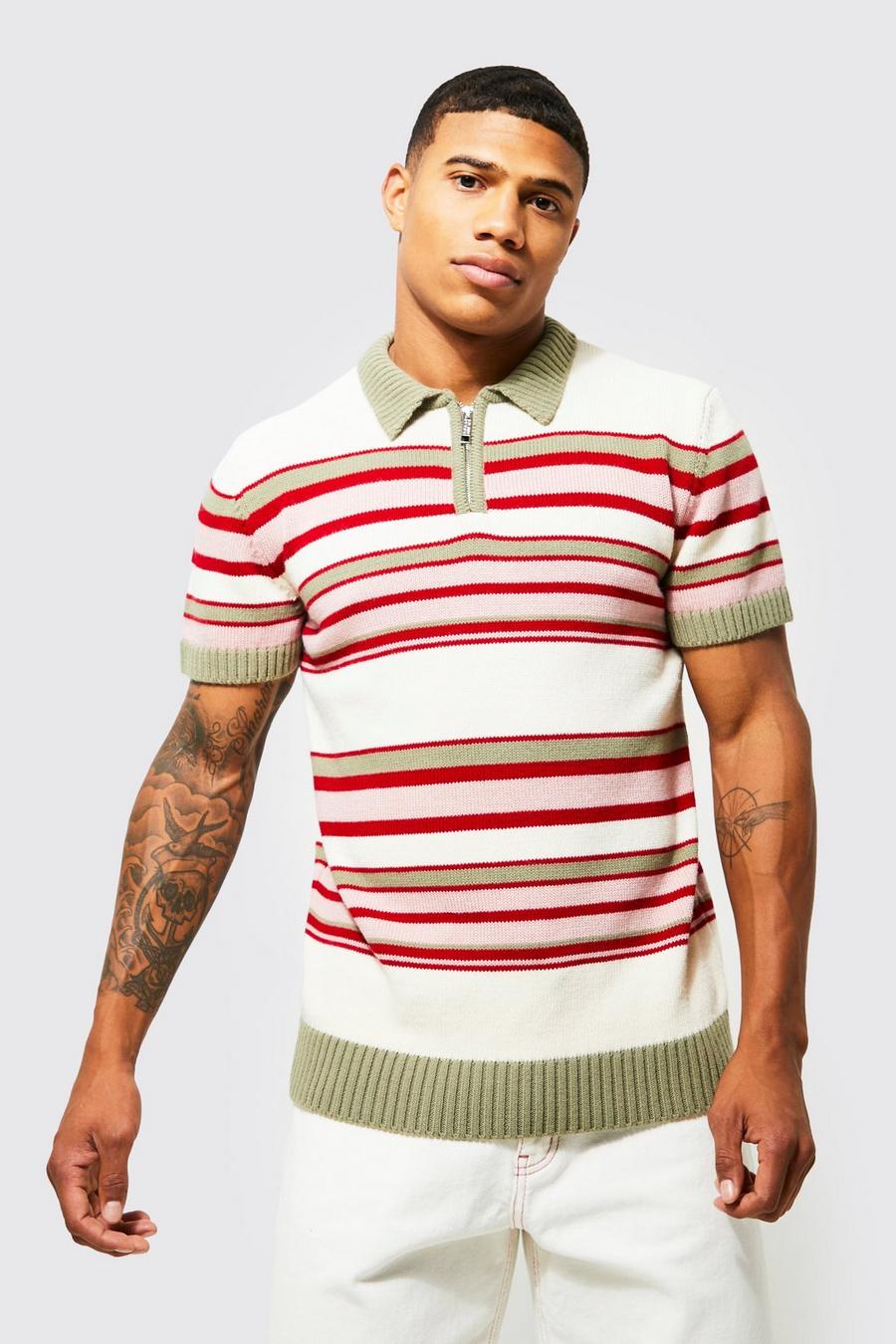 Dusty pink Striped Half Zip Knitted Polo image number 1