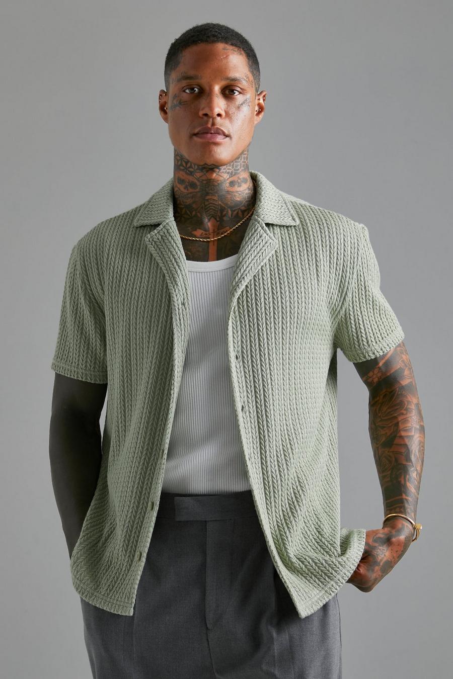 Sage green Short Sleeve Cable Knitted Shirt