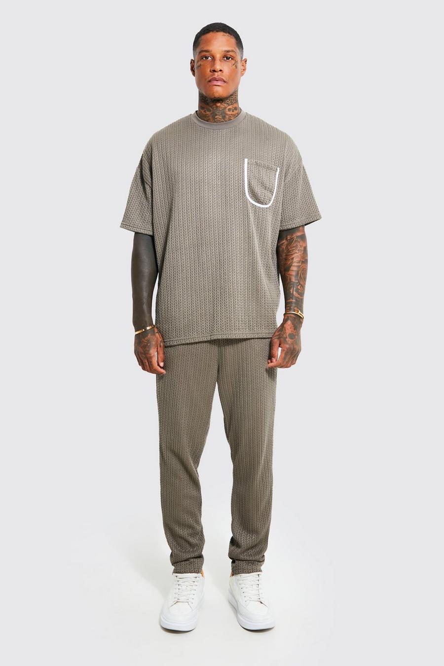 Grey Oversized Cable Knitted T-shirt & Jogger Set