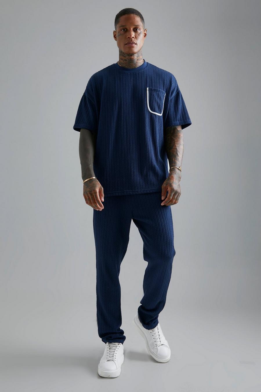 Navy Oversized Cable Knitted T-shirt & Jogger Set image number 1