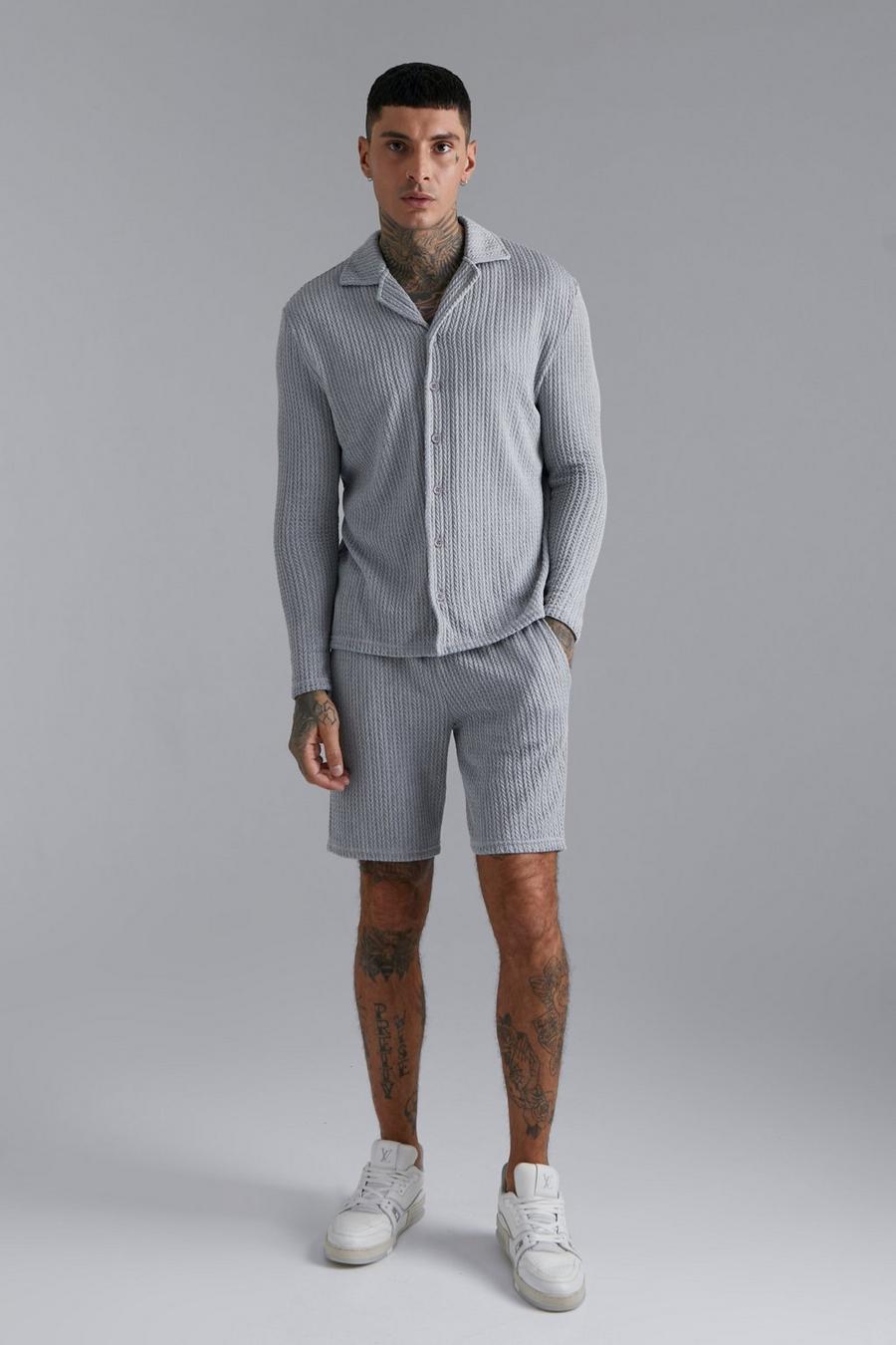 Grey marl Långärmad kabelstickad skjorta och shorts image number 1