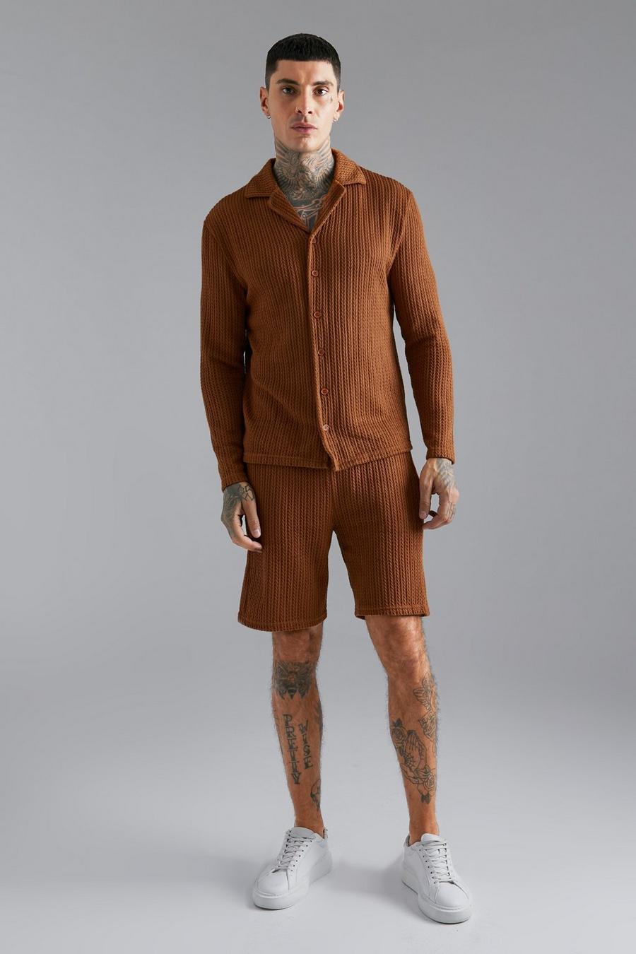 Camel beige Long Sleeve Cable Knitted Shirt & Shorts Set