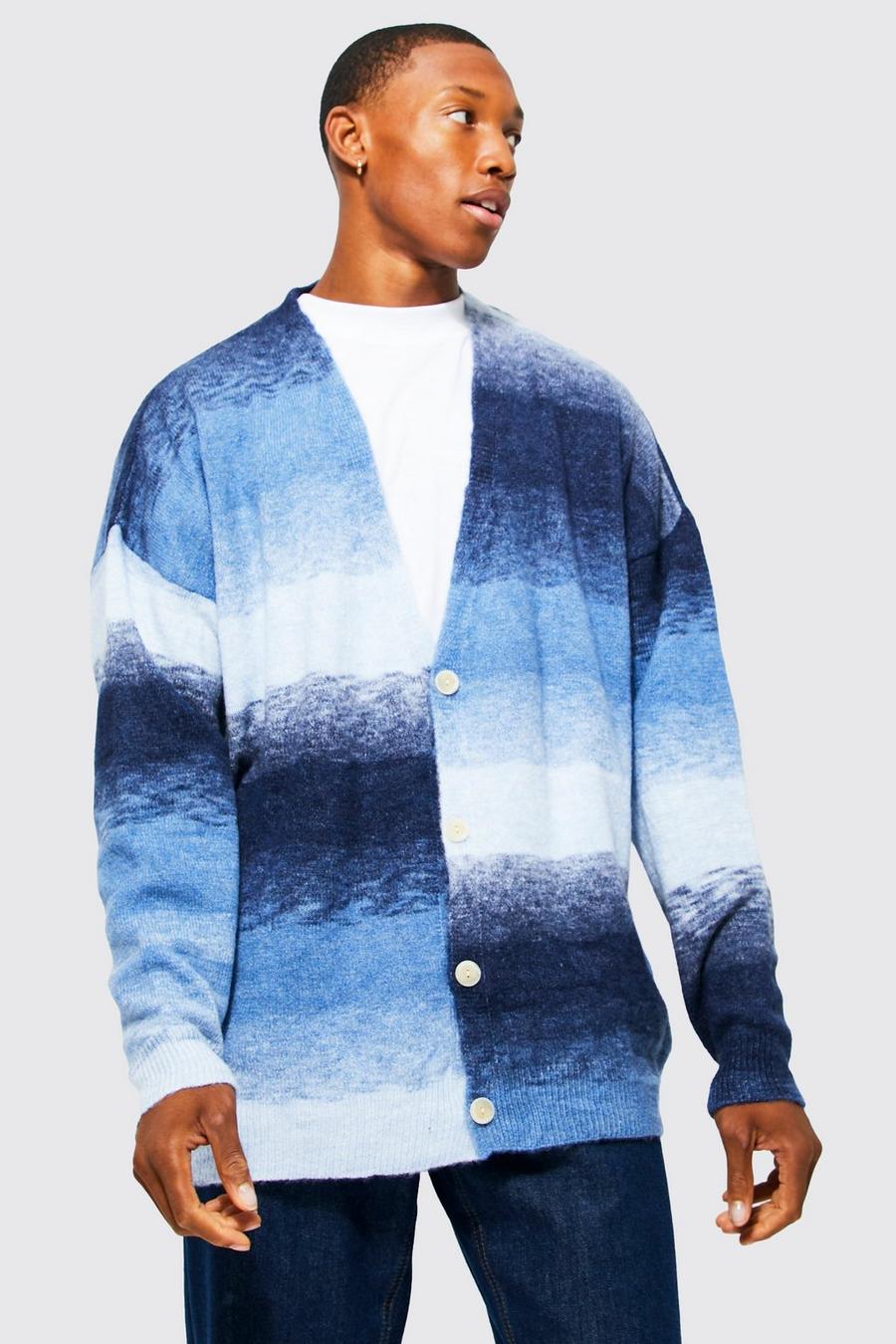 Blue Oversized Brushed Ombre Knitted Cardigan  image number 1