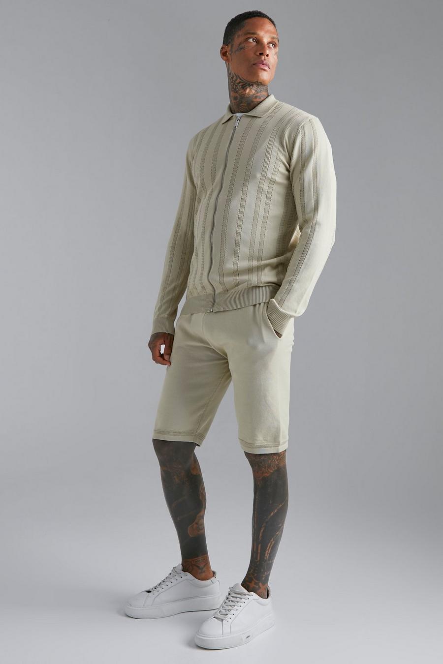 Stone beige  Open Stitch Knitted Harrington & Shorts Set image number 1