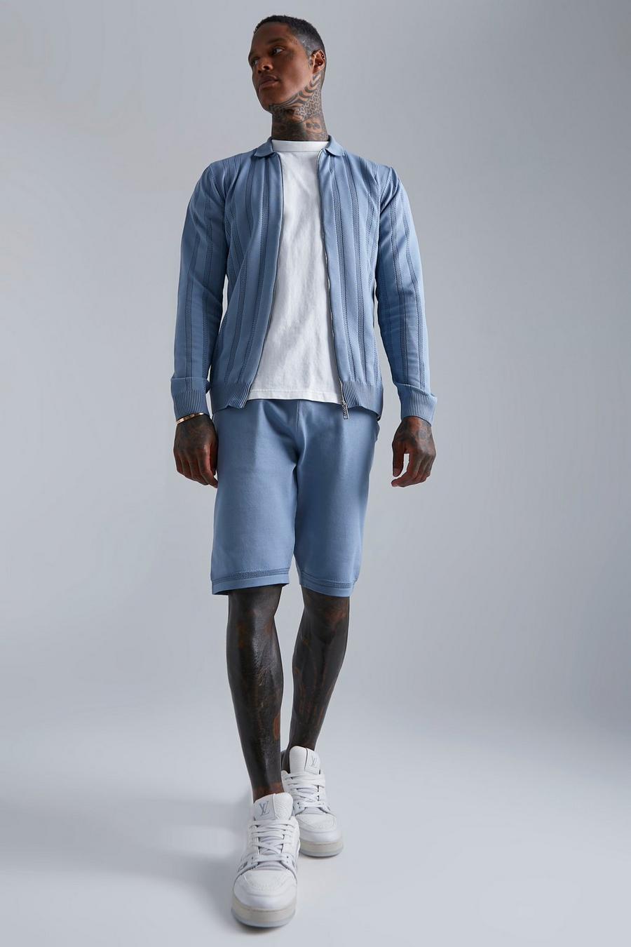 Dusty blue blå  Open Stitch Knitted Harrington & Shorts Set