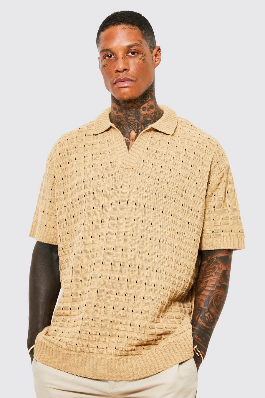 Stone beige Chunky Knitted Open Stitch Polo image number 1