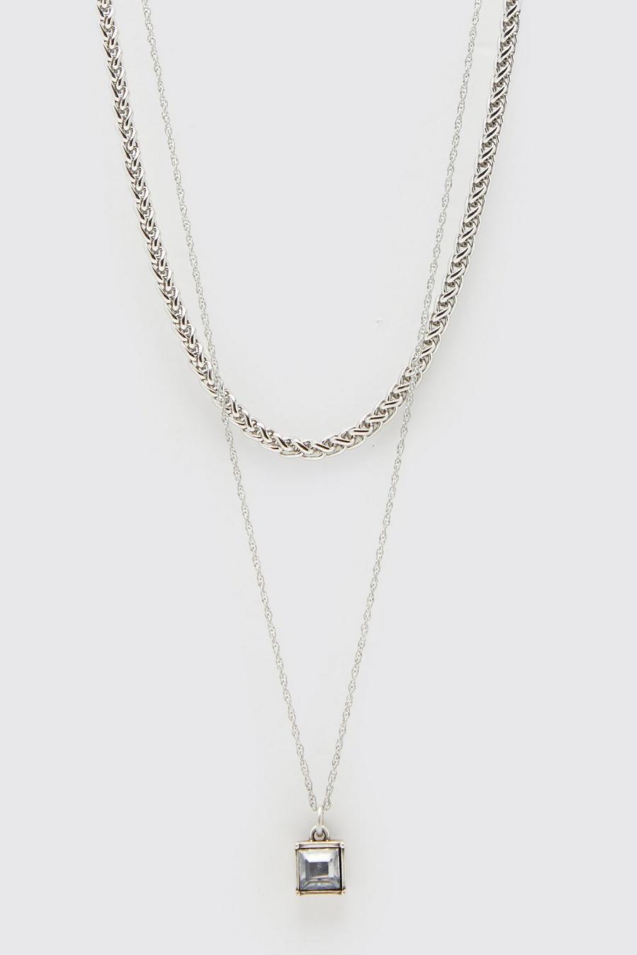 Silver Double Layered Stone Necklace