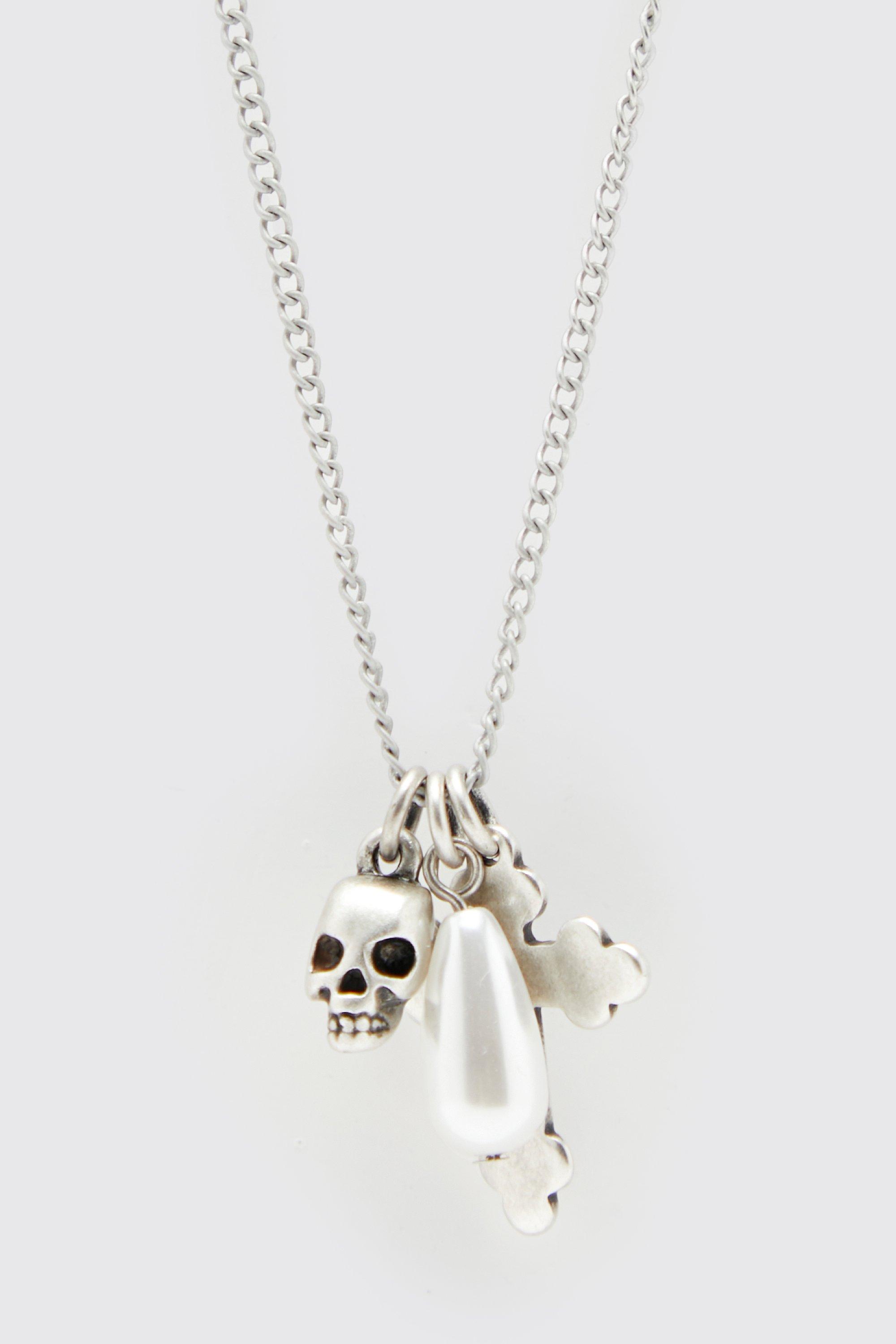 Mens Necklaces Boohoo Synthetic Double Layered Skull Necklace in Silver for Men White 