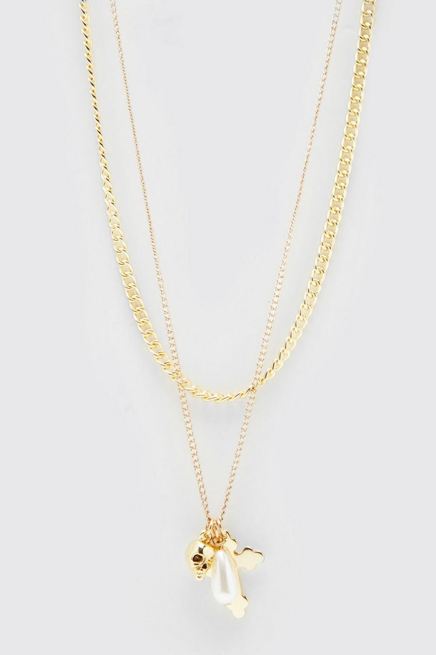 Gold métallique Double Layered Skull Necklace