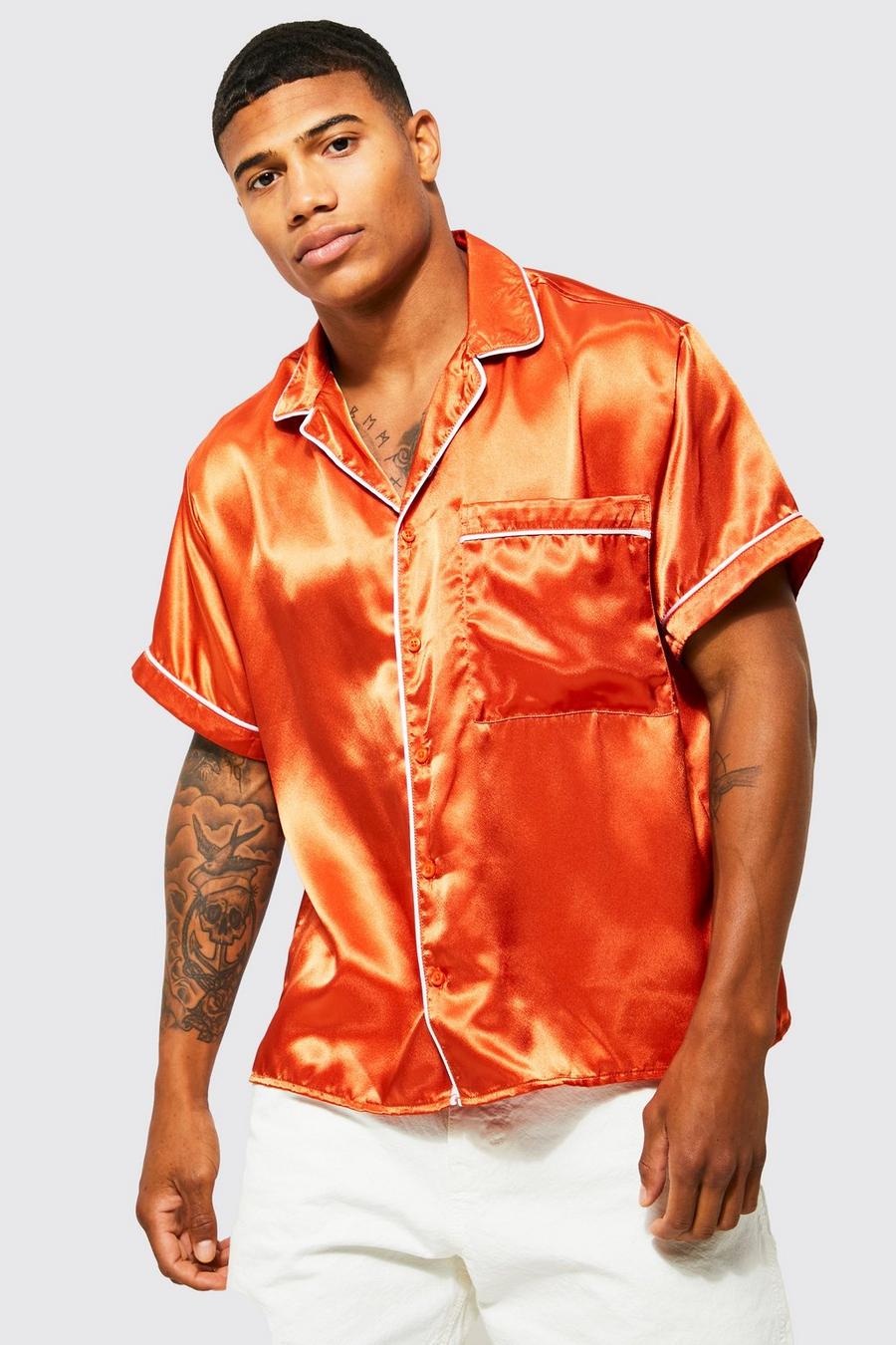 Orange Satin Boxy Piping Shirt image number 1