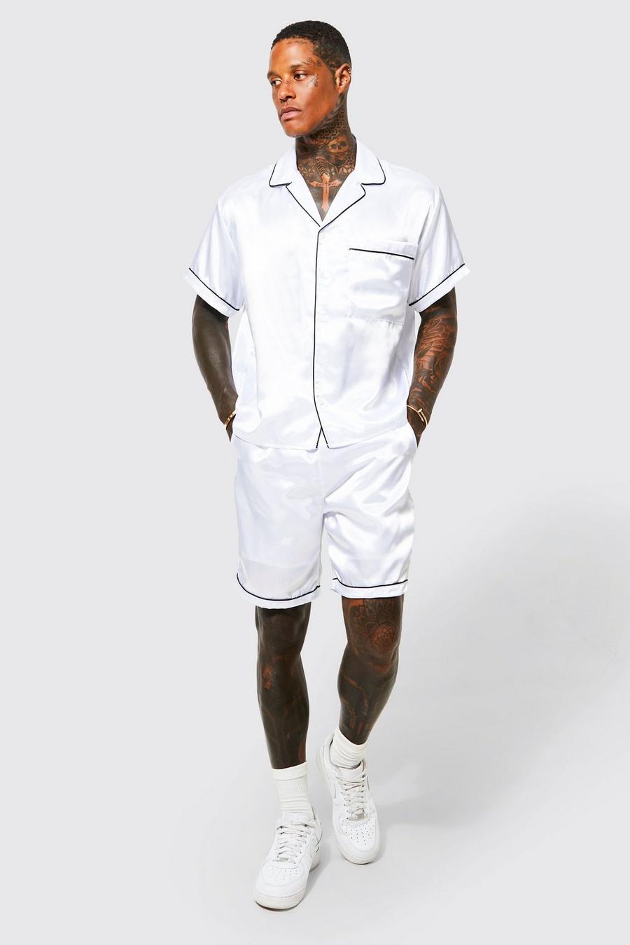 Kastiges Satin-Hemd und Shorts mit Paspeln, White weiß