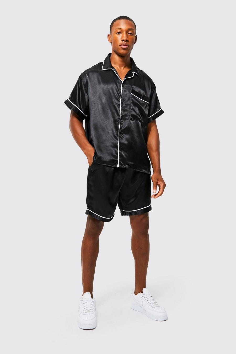 Black svart Satin Boxy Piping Shirt And Short Set