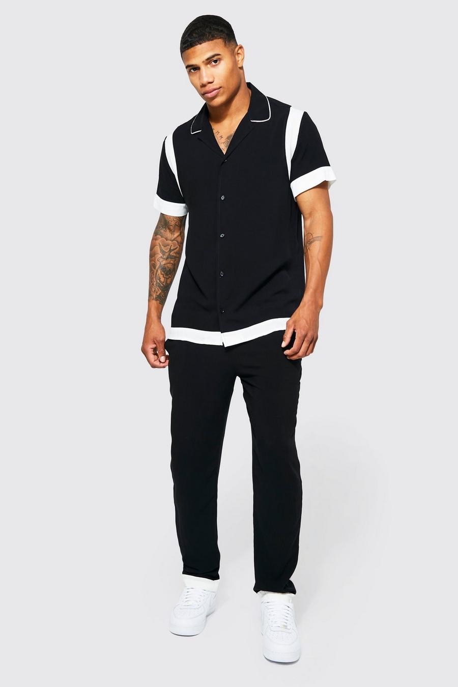 Black schwarz Viscose Colourblock Shirt And Trouser Set