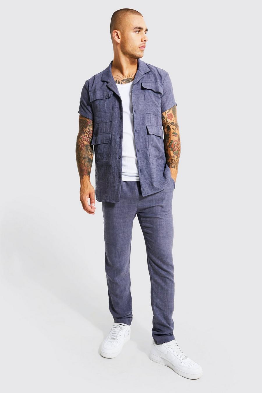 Blue Linen Cargo Shirt And Trouser image number 1