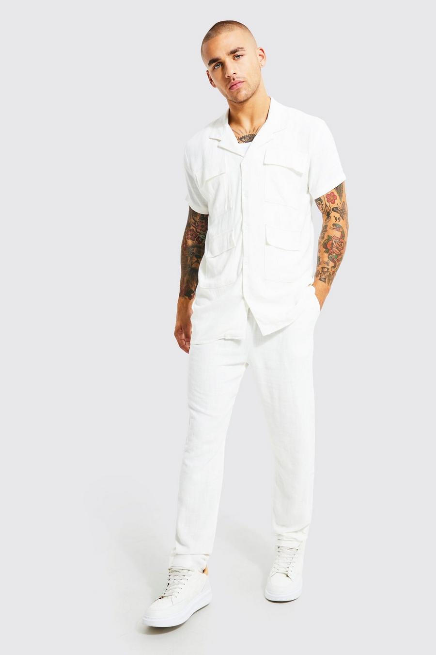 Ensemble en lin avec chemise cargo et pantalon, White blanc