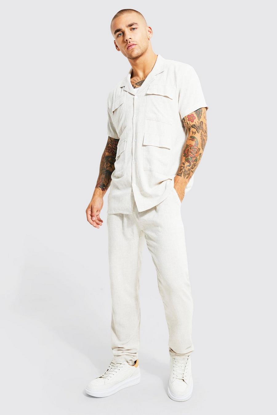 Beige Linen Cargo Shirt And Trouser
