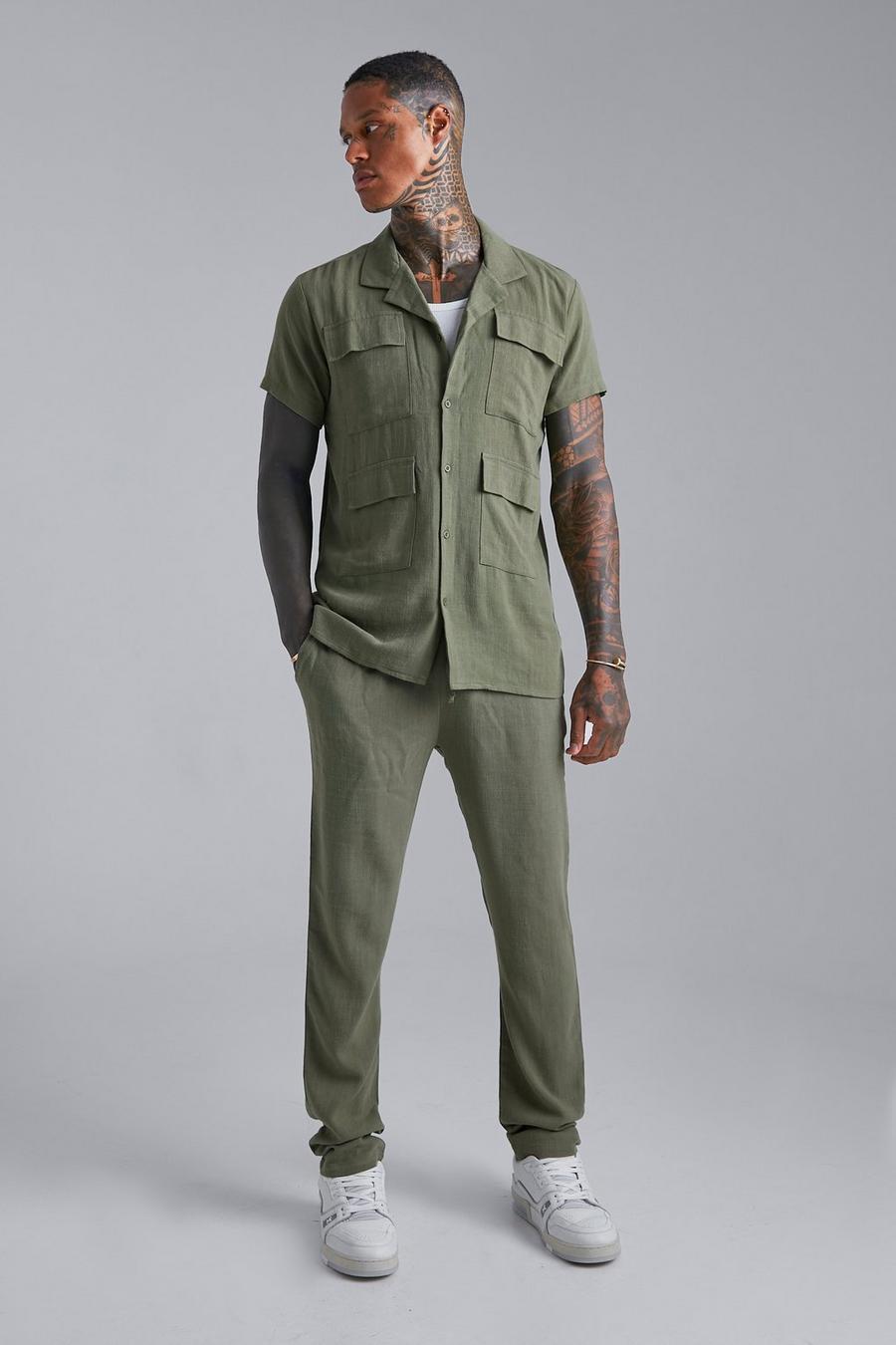Khaki Linen Cargo Shirt And Trouser