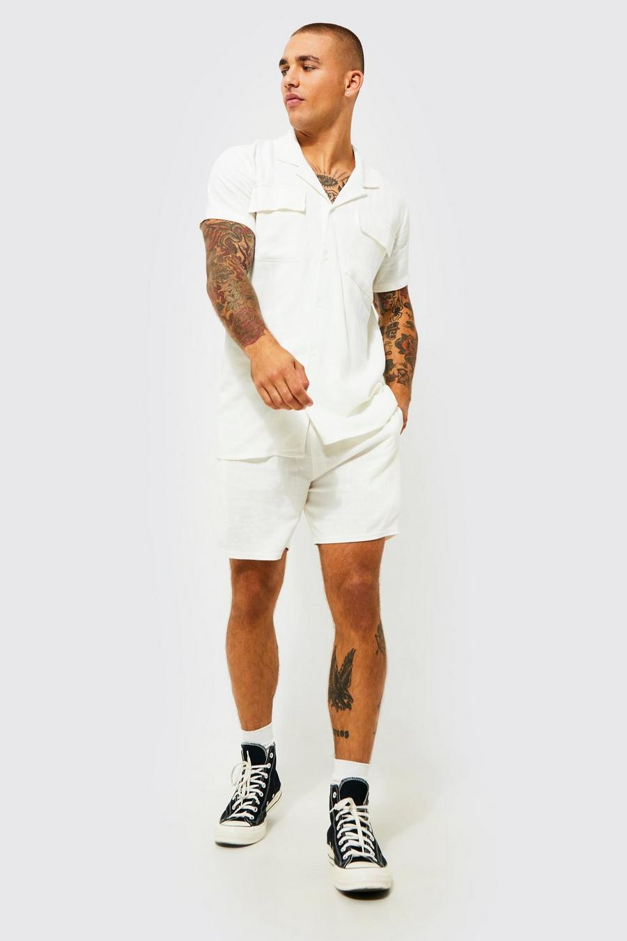 White Linen Shirt And Short Set image number 1