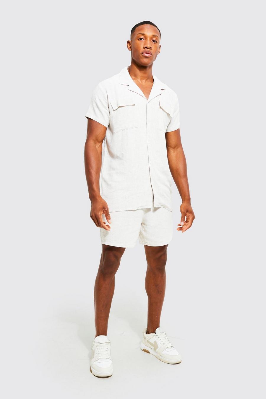 Beige Linen Shirt And Short Set