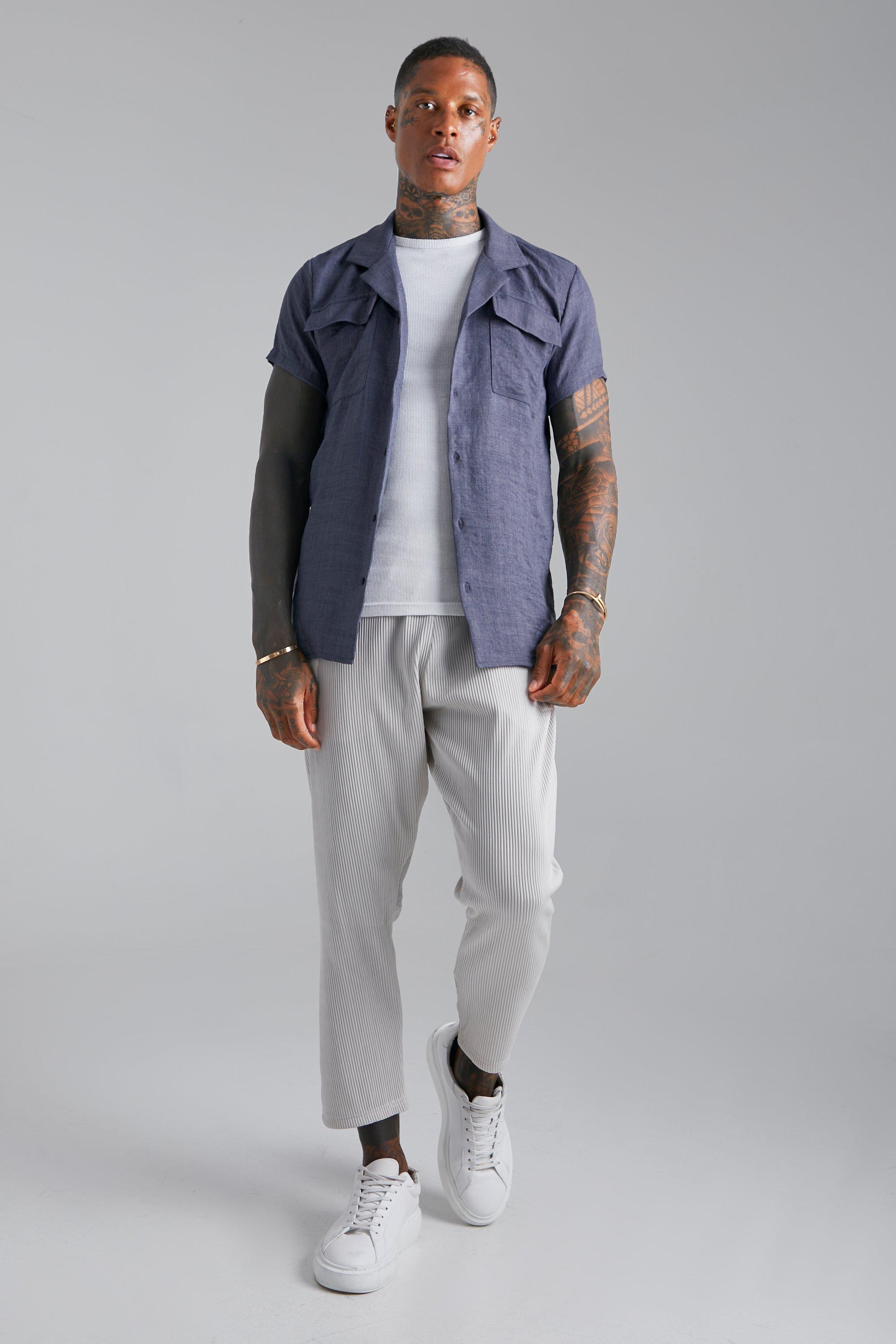 Short Sleeve Revere Linen Cargo Shirt | boohoo