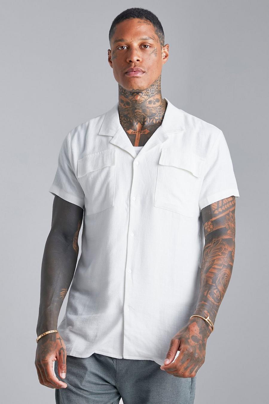 White Short Sleeve Revere Linen Cargo Shirt image number 1