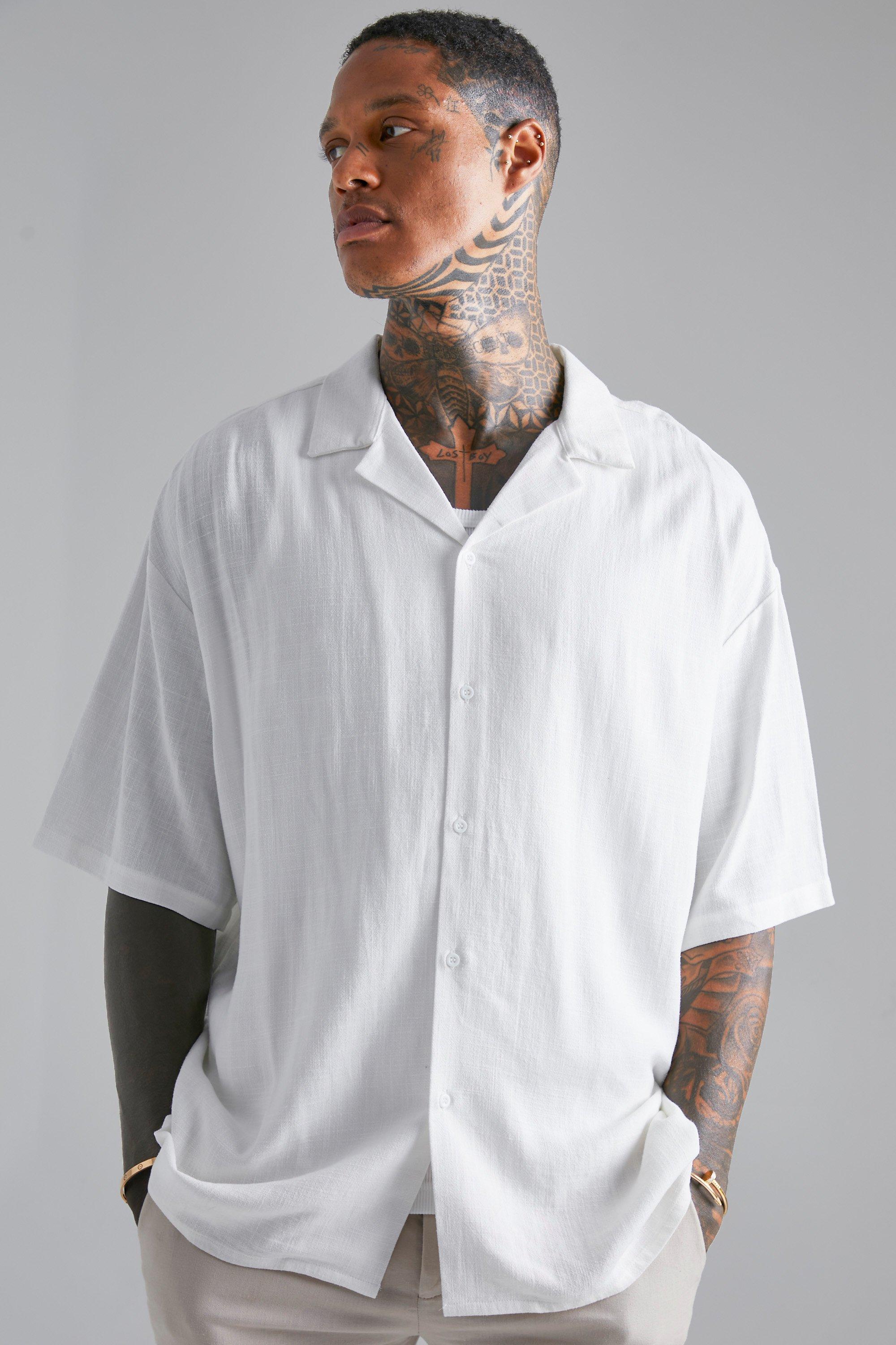 Boxy Oversize Short Sleeve Revere Linen Shirt | boohoo USA