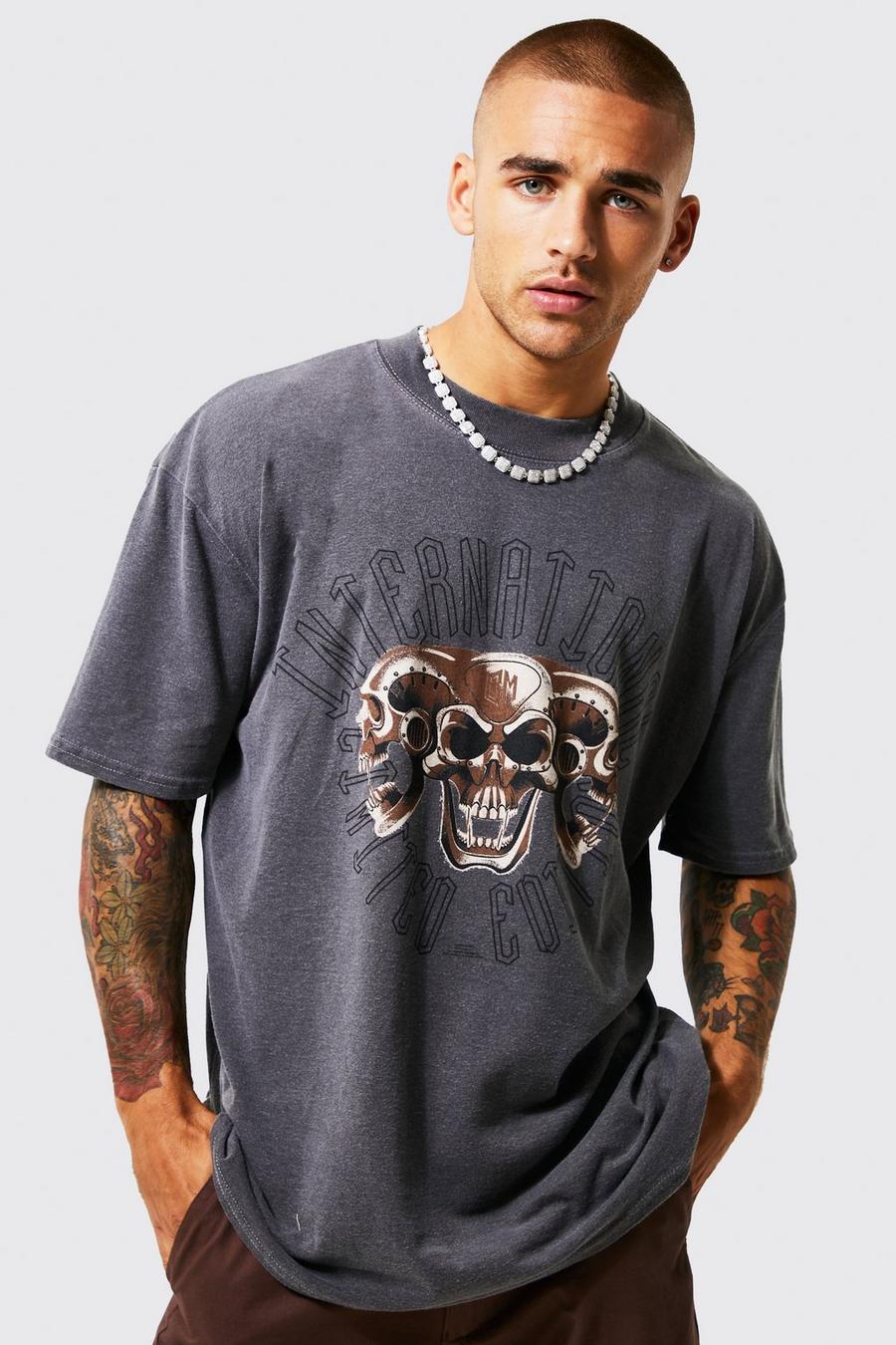 Charcoal Oversized Skull Overdye T-shirt image number 1