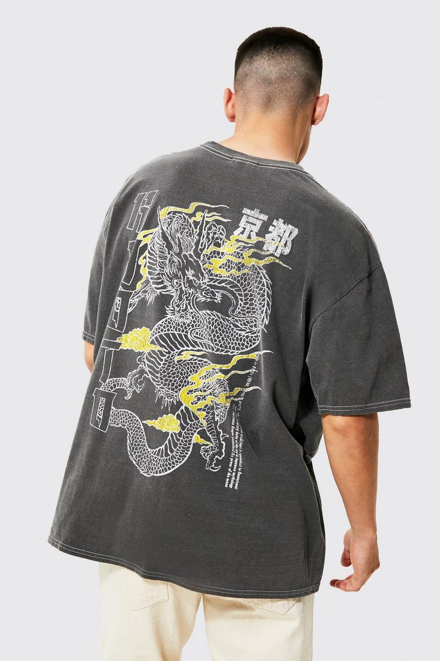 Charcoal grey Oversized Dragon Back Print Overdye T-shirt