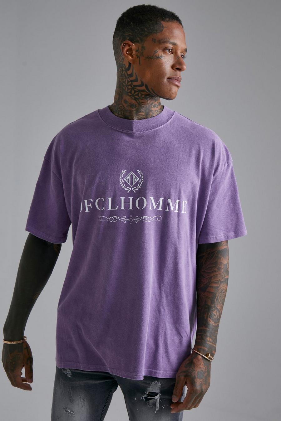 Camiseta oversize con estampado Ofcl Homme sobreteñido, Purple image number 1