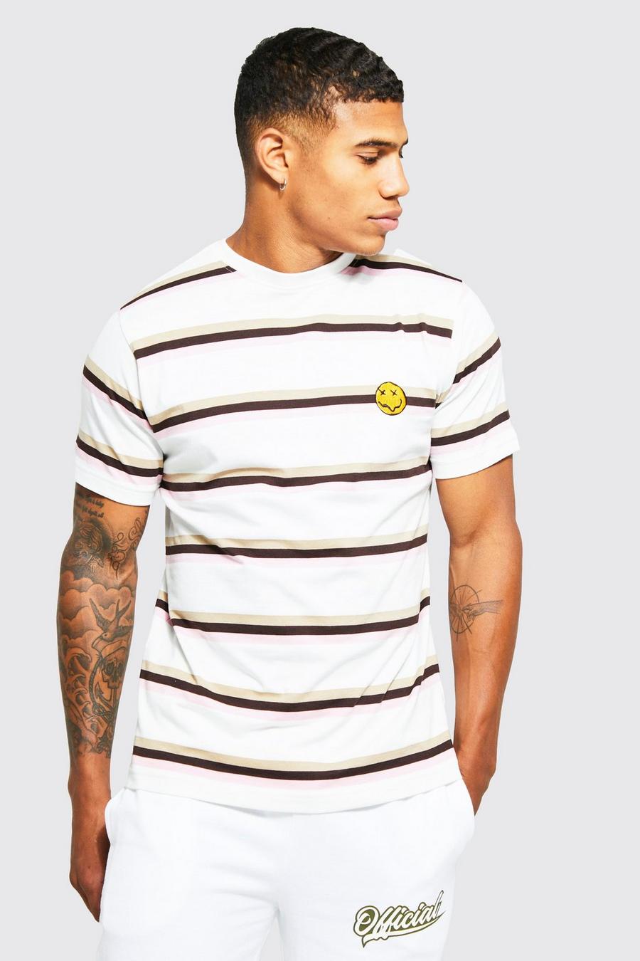 T-shirt Slim Fit a righe con ricami, Ecru image number 1