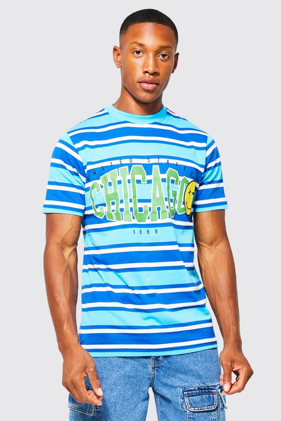 Blue Gestreept Slim Fit Chicago T-Shirt Met Print image number 1