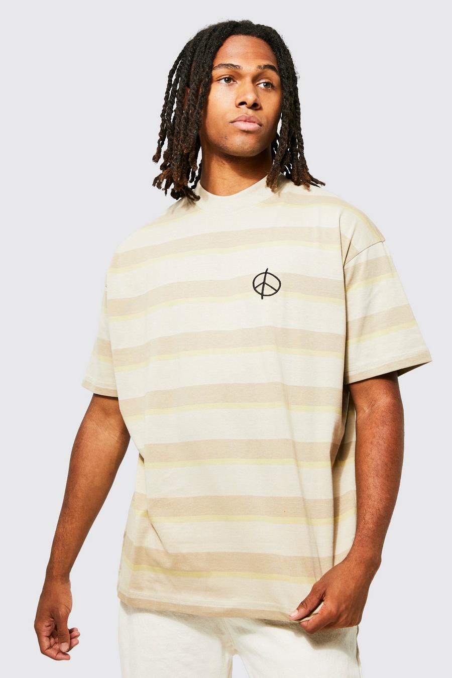 Stone beige Oversized Peace Extended Neck Stripe T-shirt