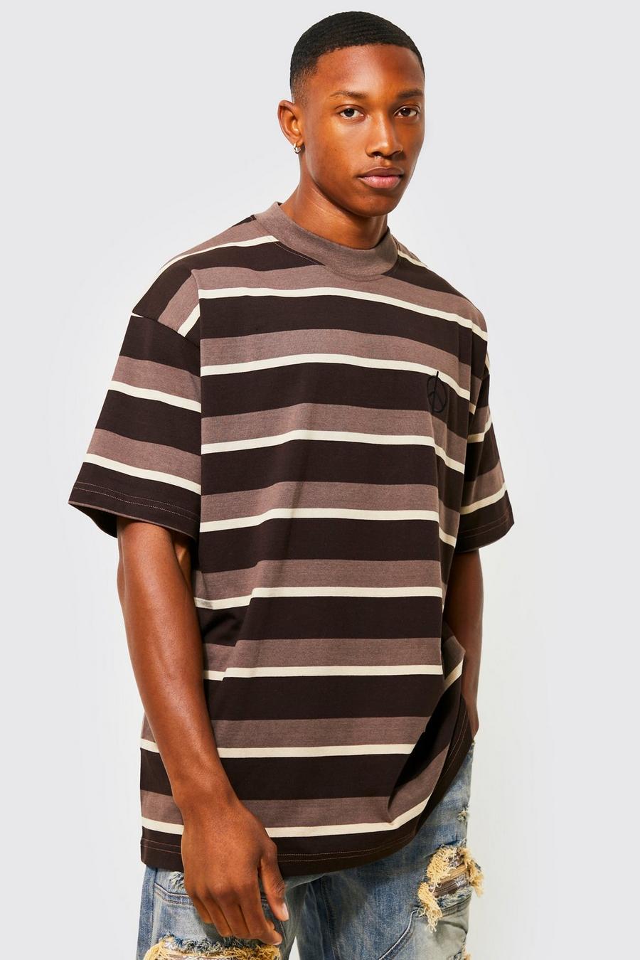 Brown Oversized Peace Extended Neck Stripe T-shirt image number 1