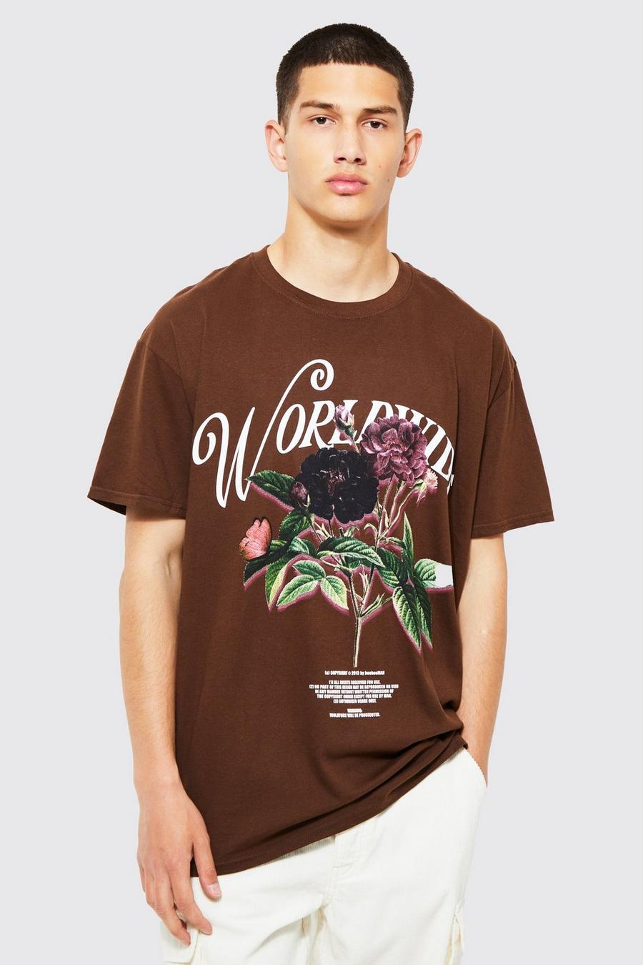 Chocolate brown Oversized Floral Worldwide Overdye T-shirt