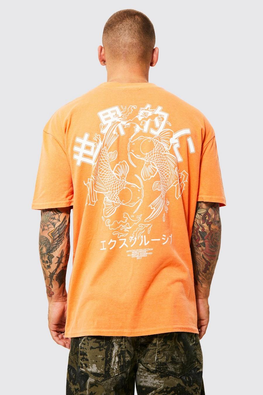 Orange Extended Neck Fish Print T-shirt image number 1