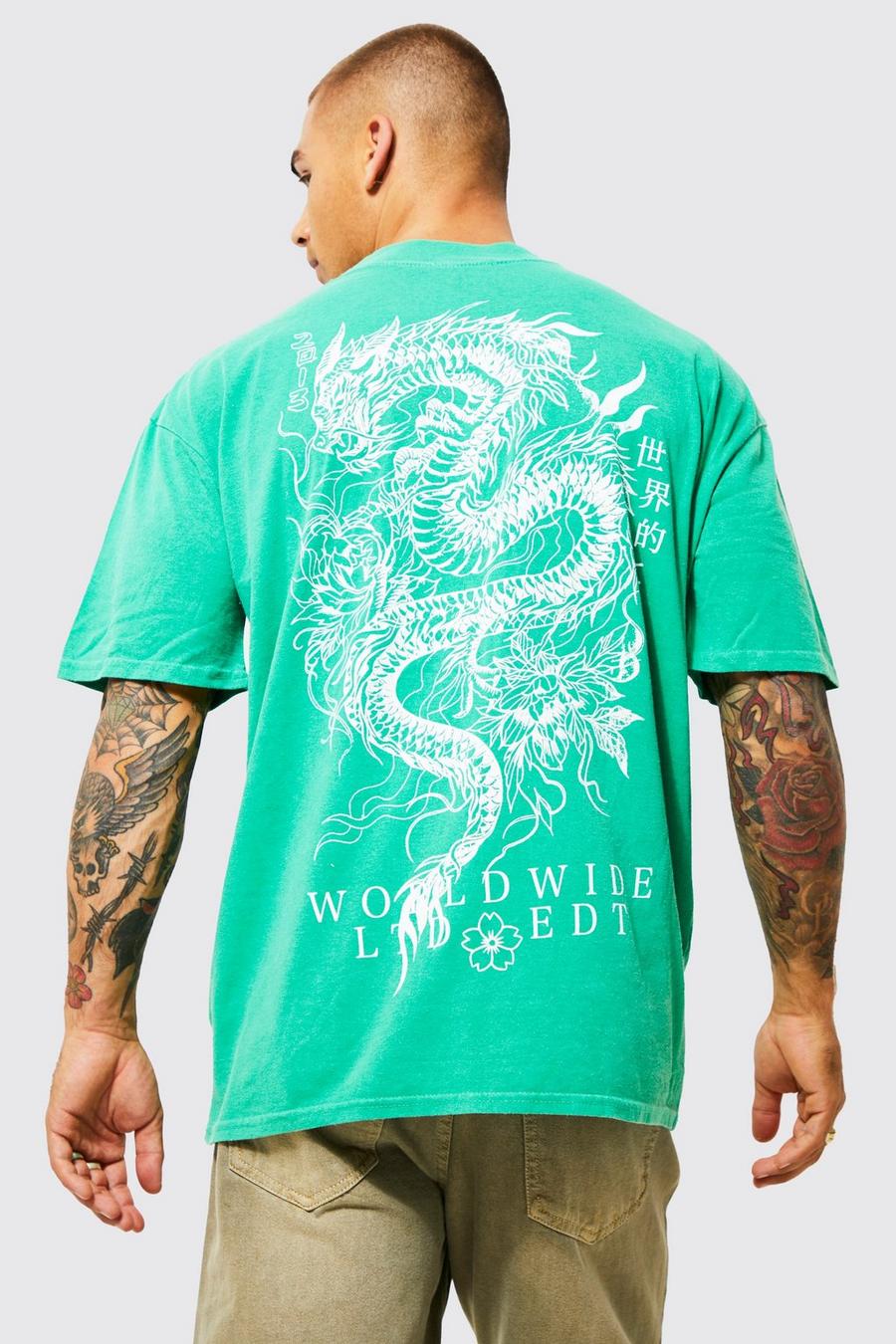 Camiseta con cuello extendido y estampado de dragón, Green image number 1