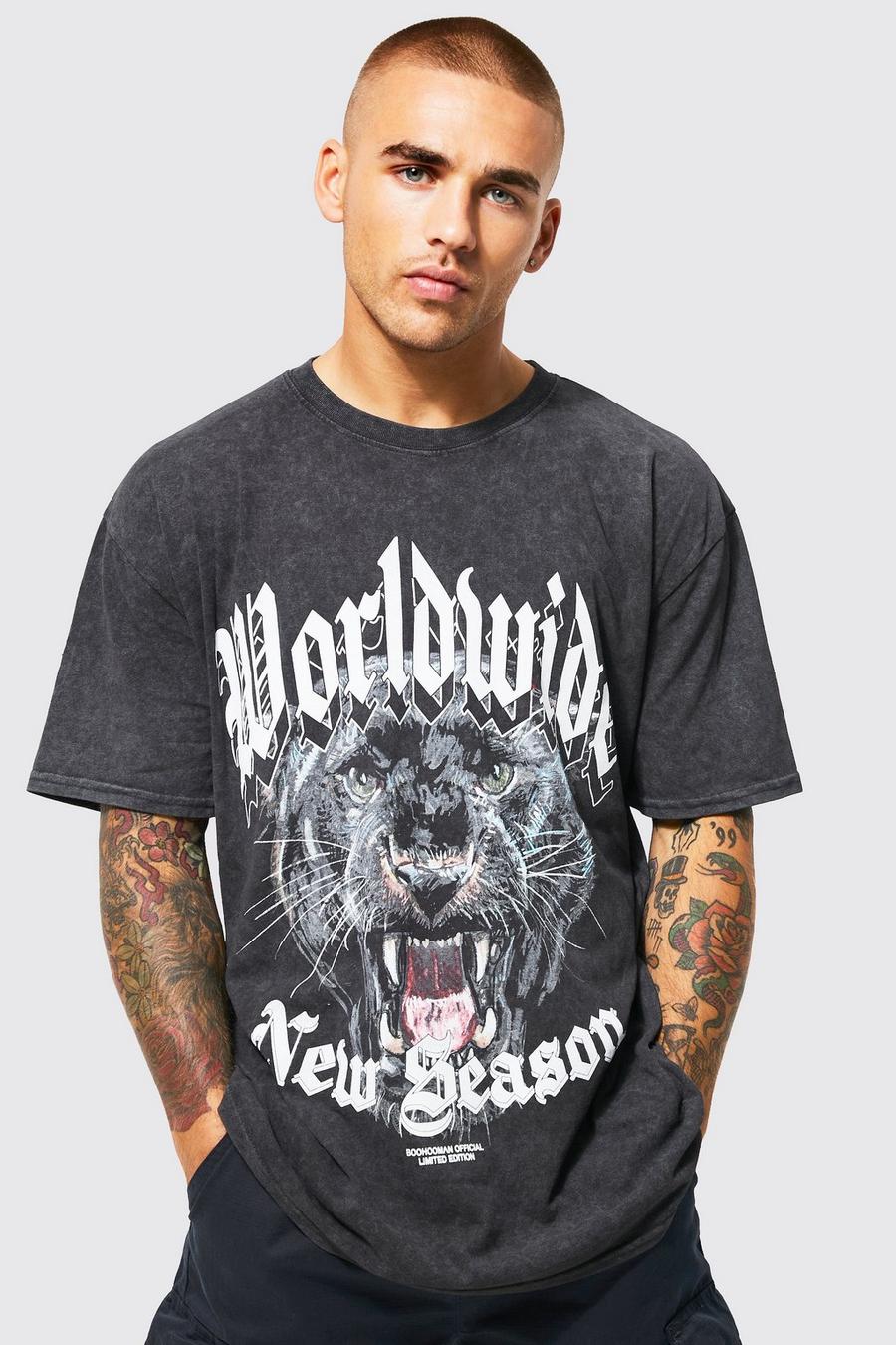 Black svart Oversized Worldwide Panther Acid Wash T-shirt