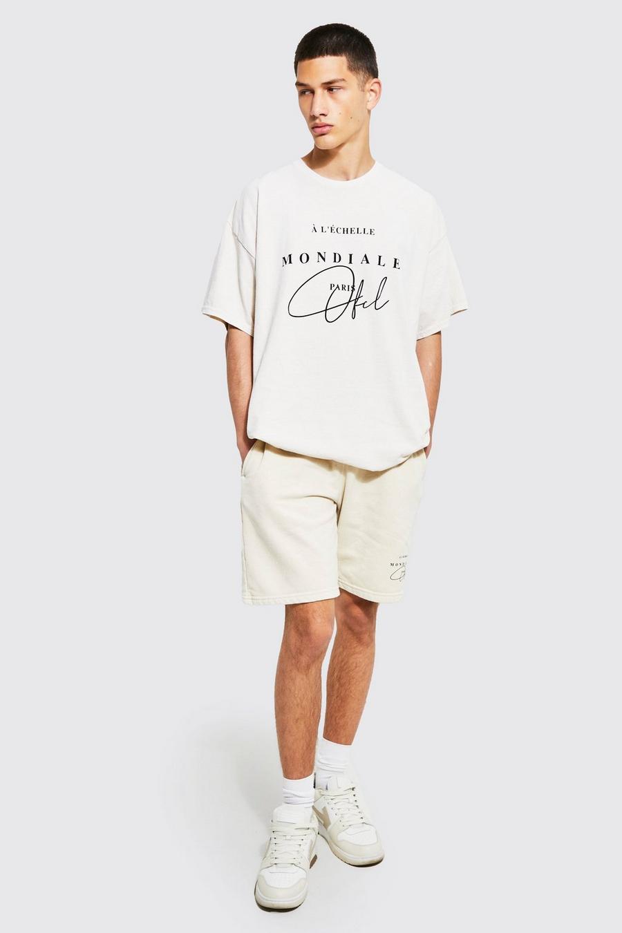 Set T-shirt oversize con grafica Ofcl & pantaloncini, Sand image number 1