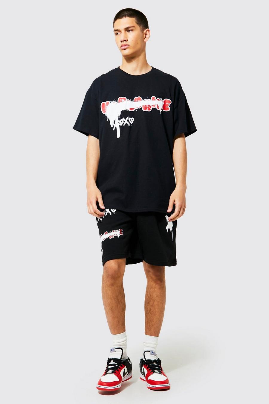 Black Oversized Graffiti T-shirt & Short Set