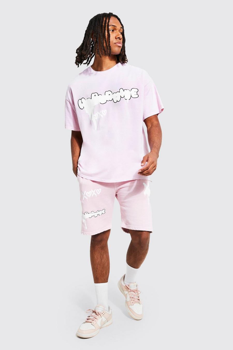 Ensemble oversize à imprimé graffiti avec t-shirt et short, Pastel pink