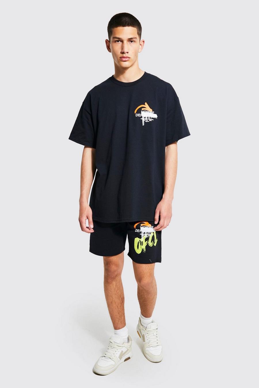 Black svart Oversized Graffiti T-shirt And Short Set