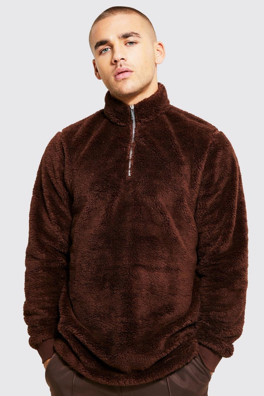 Chocolate marrón Borg Funnel Neck Sweatshirt