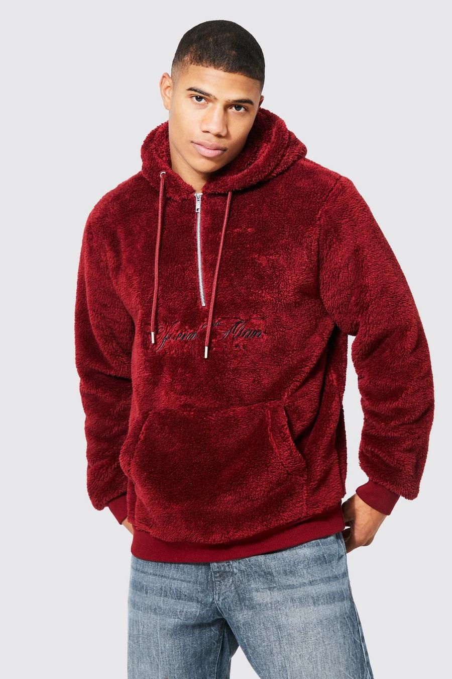Burgundy red Official Man Embroidered Borg 1/2 Zip Hoodie