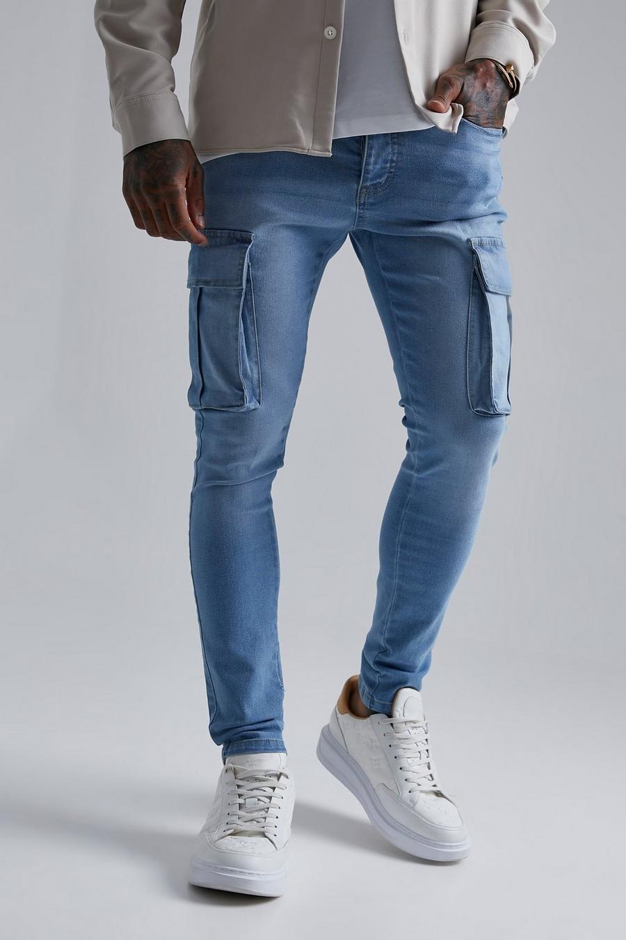 Men's Blue Cargo Jeans Skinny Fit Stonewashed Denim Pants, FREE FAST  DELIVERY