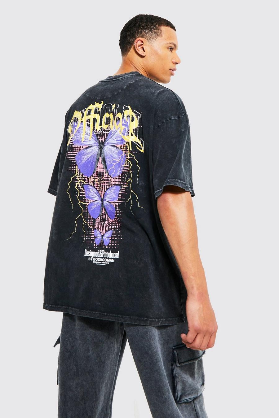 Camiseta Tall con estampado gráfico de mariposas en la espalda y lavado de ácido, Charcoal grigio