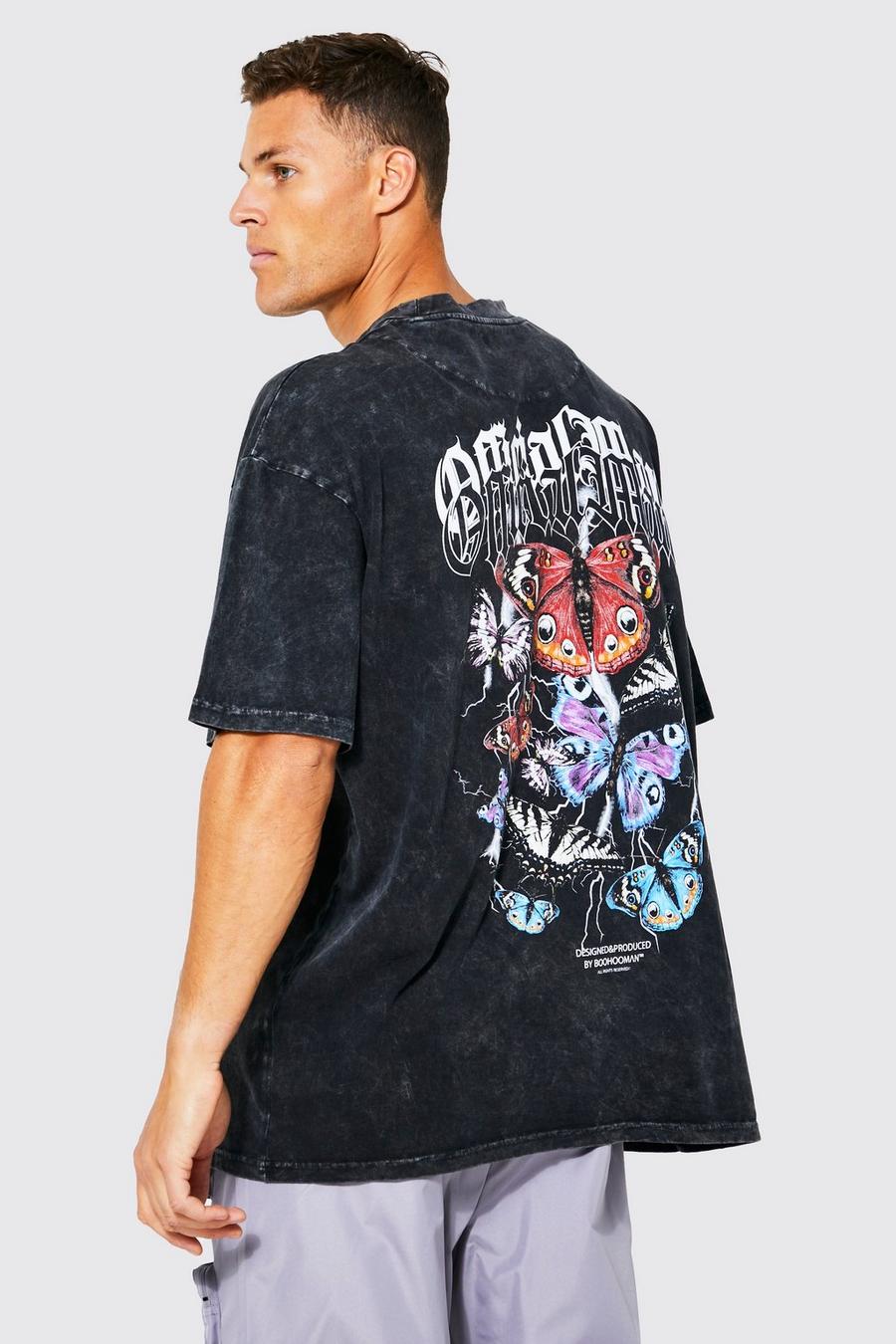 Charcoal grey Tall Acid Wash Butterfly T-shirt